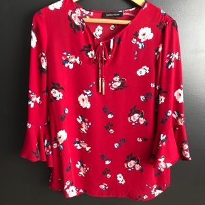 Ivanka Trump Red Floral 3/4 Bell-Sleeve Blouse